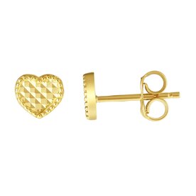 14K Yellow Gold Diamond Cut Heart Stud Earrings