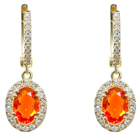 14kt Yellow Gold .38 Diamond  1.05 Mexican Fire Opal Earrings