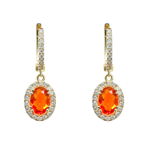 14kt Yellow Gold .38 Diamond  1.05 Mexican Fire Opal Earrings
