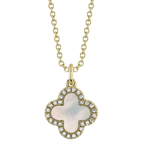 14kt Yellow Gold .15 Diamond .88 Onyx MOP Clover Reversible Necklace