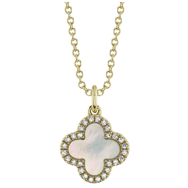 SHY CREATION INC 14kt Yellow Gold .15 Diamond .88 Onyx MOP Clover Reversible Necklace