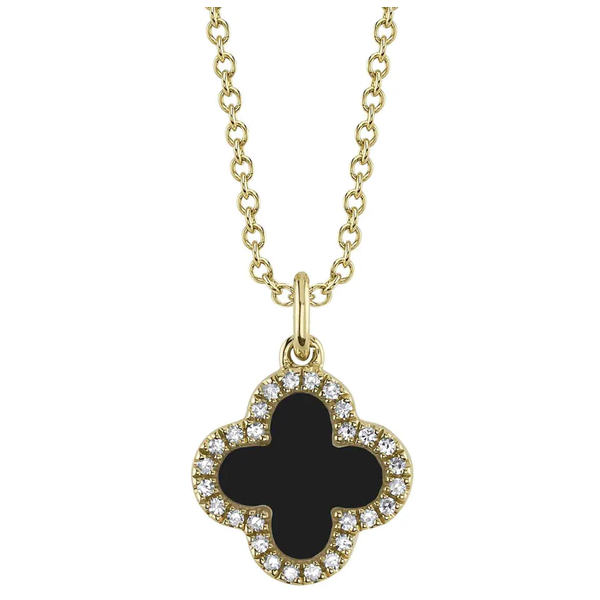 SHY CREATION INC 14kt Yellow Gold .15 Diamond .88 Onyx MOP Clover Reversible Necklace
