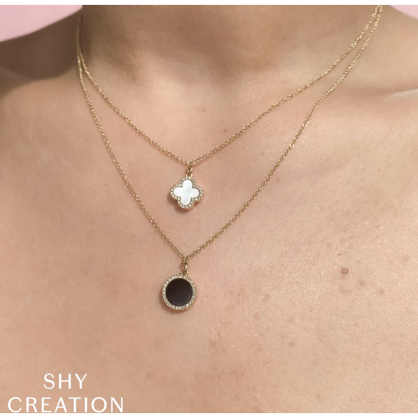 SHY CREATION INC 14kt Yellow Gold .15 Diamond .88 Onyx MOP Clover Reversible Necklace