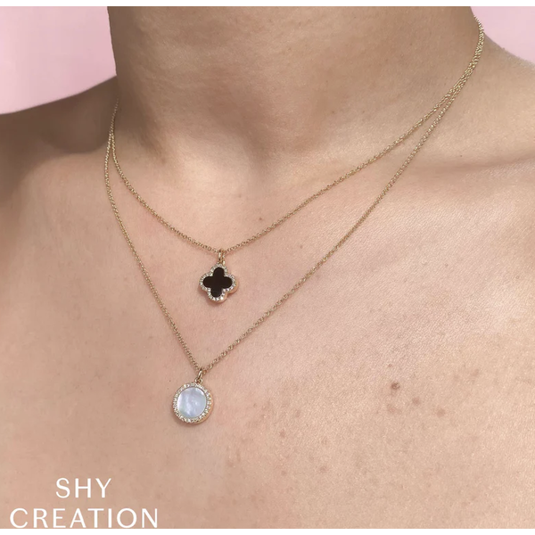 SHY CREATION INC 14kt Yellow Gold .15 Diamond .88 Onyx MOP Clover Reversible Necklace