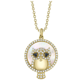 14kt Yellow Gold .24ct Black and White Dia 1.7 MOP Owl Necklace
