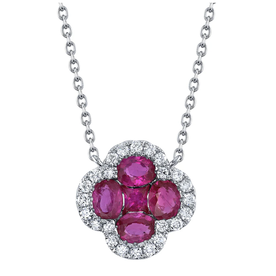 SHY CREATION INC 14kt White Gold .16 Diamond .89 Ruby Clover  Necklace