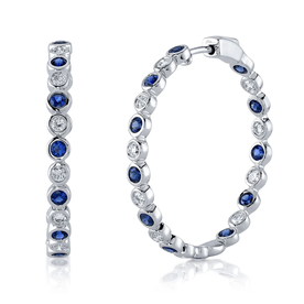 SHY CREATION INC 14kt White Gold .78 Diamond 1.45 Sapphire Bezel Hoop Earrings