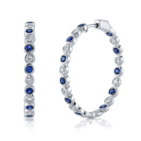 SHY CREATION INC 14kt White Gold .78 Diamond 1.45 Sapphire Bezel Hoop Earrings