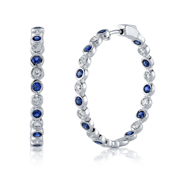 SHY CREATION INC 14kt White Gold .78 Diamond 1.45 Sapphire Bezel Hoop Earrings