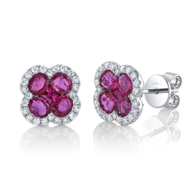 SHY CREATION INC 14kt White Gold .33 Dia 2.03 Ruby Clover Stud Earrings