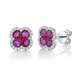 SHY CREATION INC 14kt White Gold .33 Dia 2.03 Ruby Clover Stud Earrings