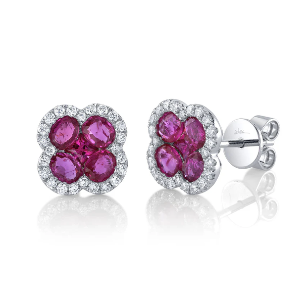 SHY CREATION INC 14kt White Gold .33 Dia 2.03 Ruby Clover Stud Earrings