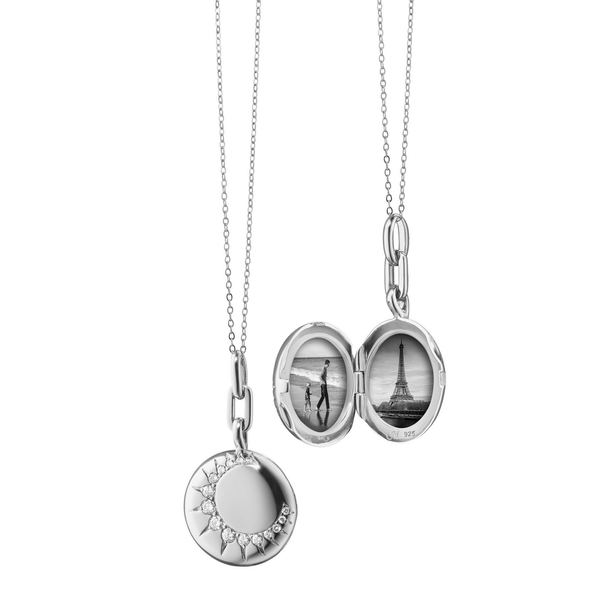 MONICA RICH KOSANN "Sun" Silver Locket Necklace with Sapphires