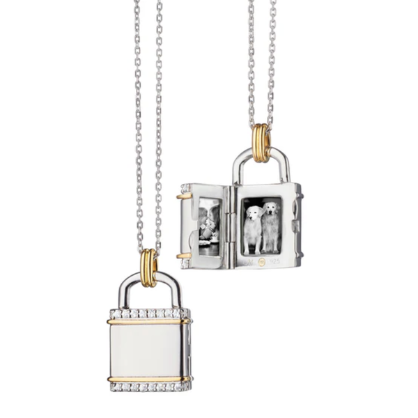 MONICA RICH KOSANN Two-Tone Square "Lock" Inspired Locket in Sterling Silver and Solid 18K Yellow Gold