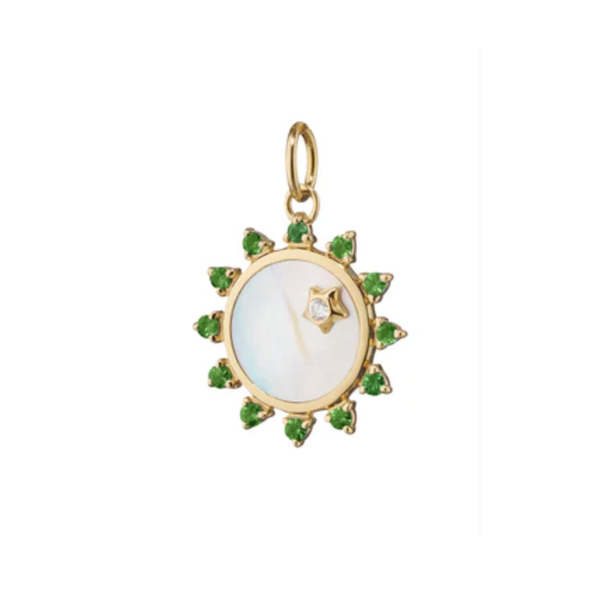 MONICA RICH KOSANN Mini Mother of Pearl Emerald "Happiness" Sun Charm in 18k Yellow Gold with diamond star accent