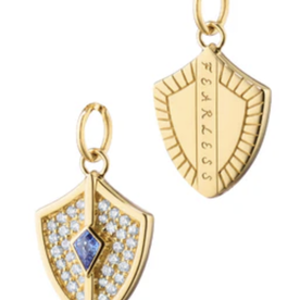 MONICA RICH KOSANN 18kt Yellow Gold Mini Fearless Shield with Pave Diamonds and Kite Blue Sapphire