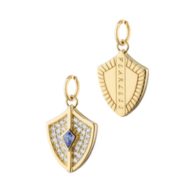 MONICA RICH KOSANN 18kt Yellow Gold Mini Fearless Shield with Pave Diamonds and Kite Blue Sapphire