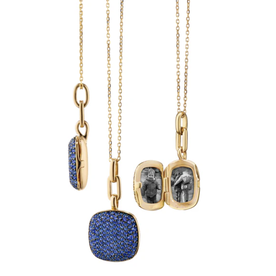 MONICA RICH KOSANN 18kt Yellow Gold Slim "Rae" Locket Necklace with Blue Sapphires
