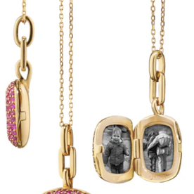 MONICA RICH KOSANN 18ct Yellow Gold Slim "Rae" Locket Necklace with Pink Sapphires