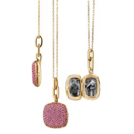 MONICA RICH KOSANN 18ct Yellow Gold Slim "Rae" Locket Necklace with Pink Sapphires