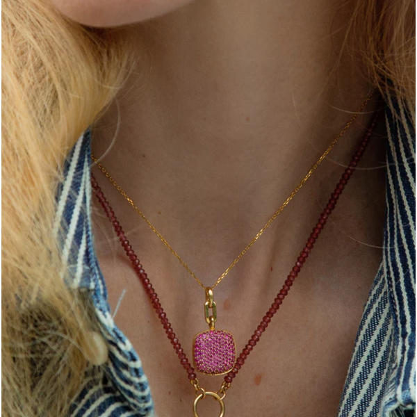 MONICA RICH KOSANN 18ct Yellow Gold Slim "Rae" Locket Necklace with Pink Sapphires