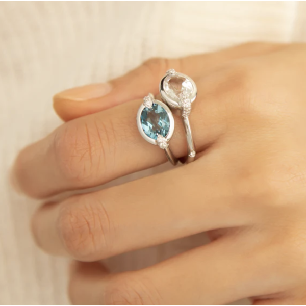 MONICA RICH KOSANN "Points North" Deep-Set Oval London Blue Topaz Ring with White Sapphires in Sterling Silver