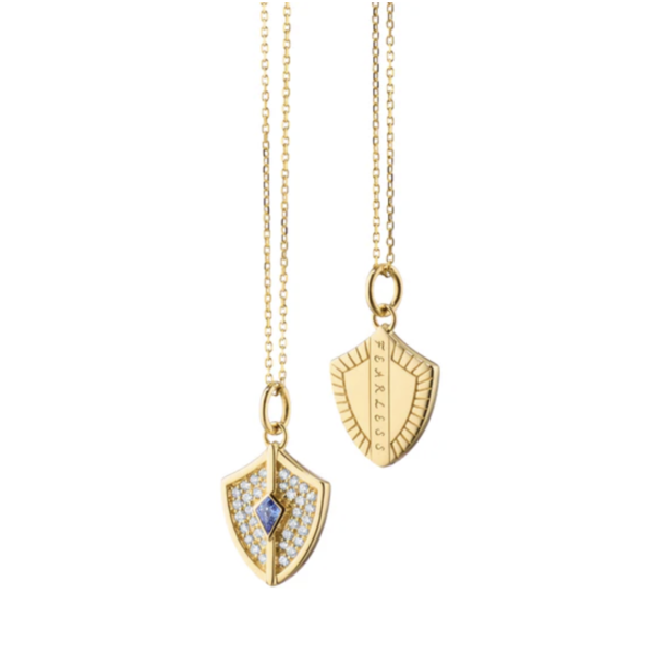 MONICA RICH KOSANN 18kt Yellow Gold Mini Fearless Shield with Pave Diamonds and Kite Blue Sapphire Shield Charm