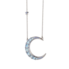 MONICA RICH KOSANN Sun, Moon and Stars Blue Topaz Crescent Moon Necklace in Sterling Silver with Blue Sapphires.