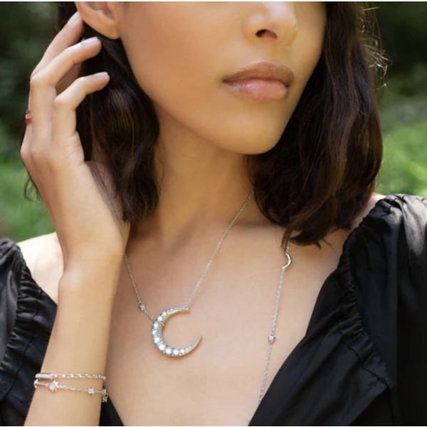 MONICA RICH KOSANN Sun, Moon and Stars Blue Topaz Crescent Moon Necklace in Sterling Silver with Blue Sapphires.