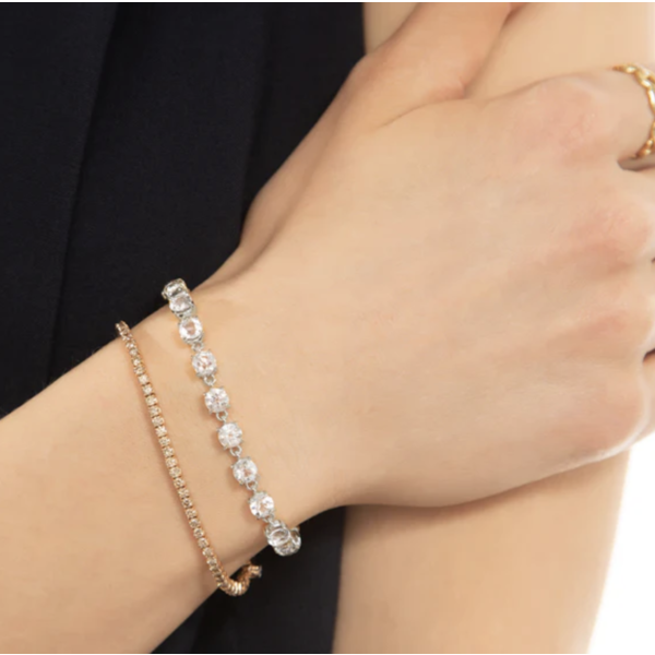 MONICA RICH KOSANN Round "European Cut" Rock Crystal Tennis Bracelet in Sterling Silver with Green Tsavorite and White Sapphire