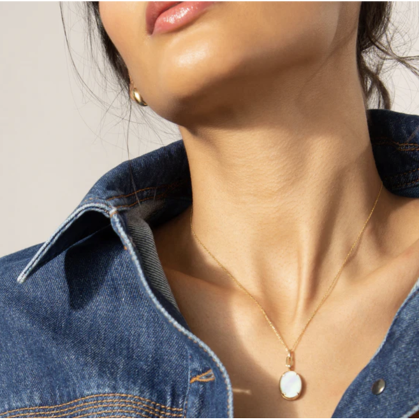 MONICA RICH KOSANN "Elle" Stone Slim 18K Yellow Gold Locket Necklace with Mother of Pearl