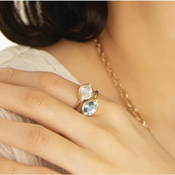 MONICA RICH KOSANN "Points North" Deep-Set Oval London Blue Topaz Ring with Diamonds in 18K Yellow Gold