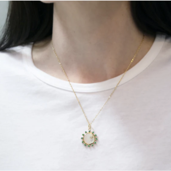 MONICA RICH KOSANN Mini Mother of Pearl Emerald "Happiness" Sun Charm in 18k Yellow Gold with diamond star accent