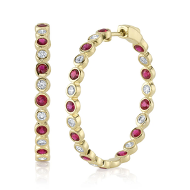 SHY CREATION INC 14kt Yellow Gold .78 Diamond 1.62 Ruby Hoop Earrings