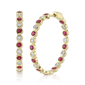 SHY CREATION INC 14kt Yellow Gold .78 Diamond 1.62 Ruby Hoop Earrings