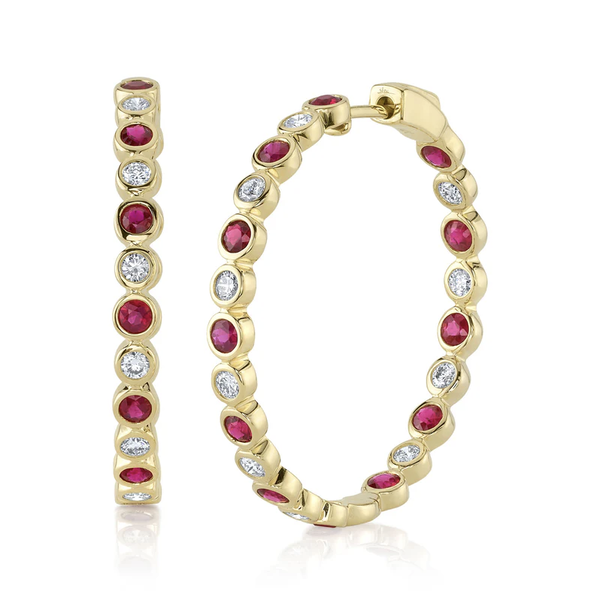 SHY CREATION INC 14kt Yellow Gold .78 Diamond 1.62 Ruby Hoop Earrings