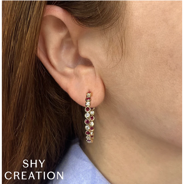 SHY CREATION INC 14kt Yellow Gold .78 Diamond 1.62 Ruby Hoop Earrings