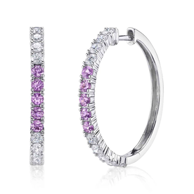 SHY CREATION INC 14kt White Gold .91 Diamond .63 Pink Sapphire Hoop Earrings