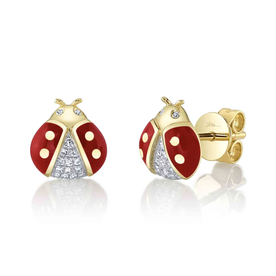 SHY CREATION INC 14kt Yellow Gold .07 Diamond & Red Enamel Earrings