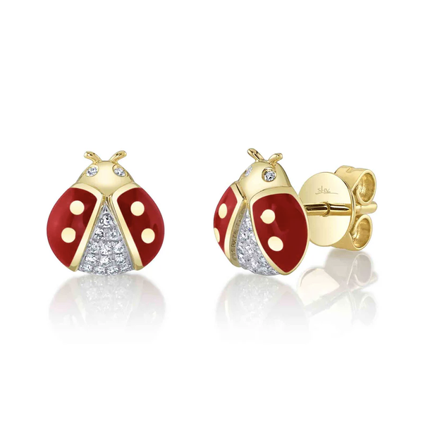 SHY CREATION INC 14kt Yellow Gold .07 Diamond & Red Enamel Earrings