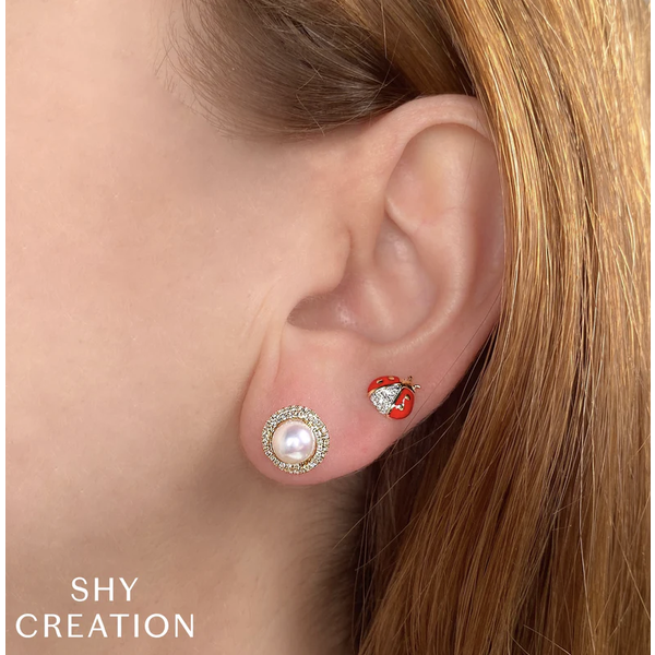 SHY CREATION INC 14kt Yellow Gold .07 Diamond & Red Enamel Earrings