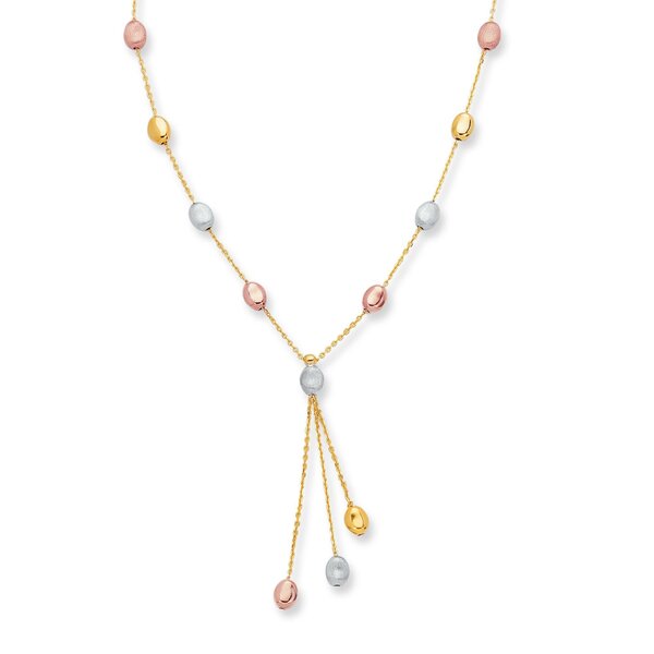 14ktTri-color Gold Anklet Polished & Satin Alternating Pebble Chain with Lobster Clasp