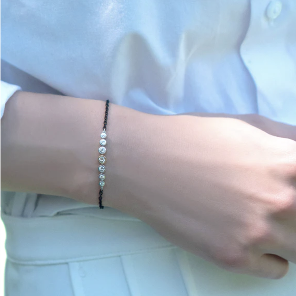 MONICA RICH KOSANN Bezel Set Sapphire & Black Steel Tennis Bracelet In Sterling Silver and 18K Gold