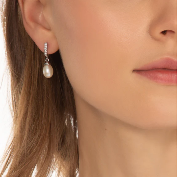 MONICA RICH KOSANN Infinity Huggie Pearl Drop Earrings Sold as Pair with Pave Sapphires in Sterling Silver