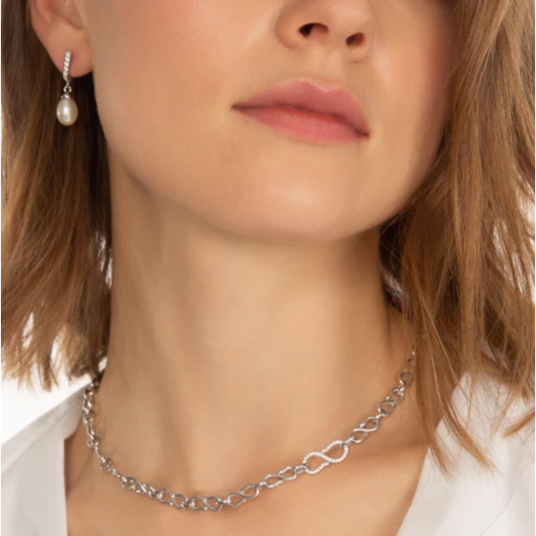 MONICA RICH KOSANN Infinity Huggie Pearl Drop Earrings Sold as Pair with Pave Sapphires in Sterling Silver