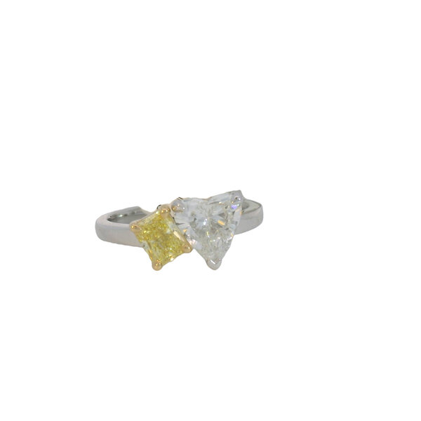 18kt White and Yellow Gold 1.35ct White  Diamond & .70ct Yellow Diamond Heart Ring