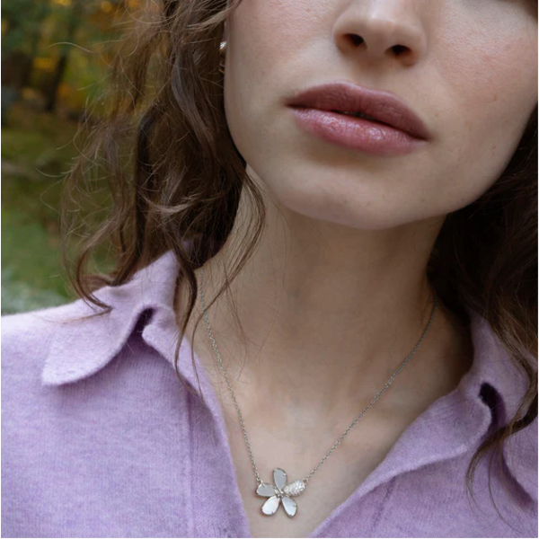 MONICA RICH KOSANN Mother of Pearl Flower Necklace with Pavé White Sapphires