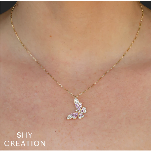 SHY CREATION INC SC55027531 - 14ky .38 P Sapph .17 Dia Butterfly Pendant