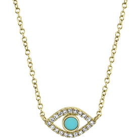 SHY CREATION INC 14kt Yellow Gold .06 Diamond .07 Turquoise Eye Necklace