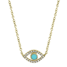 SHY CREATION INC 14kt Yellow Gold .06 Diamond .07 Turquoise Eye Necklace